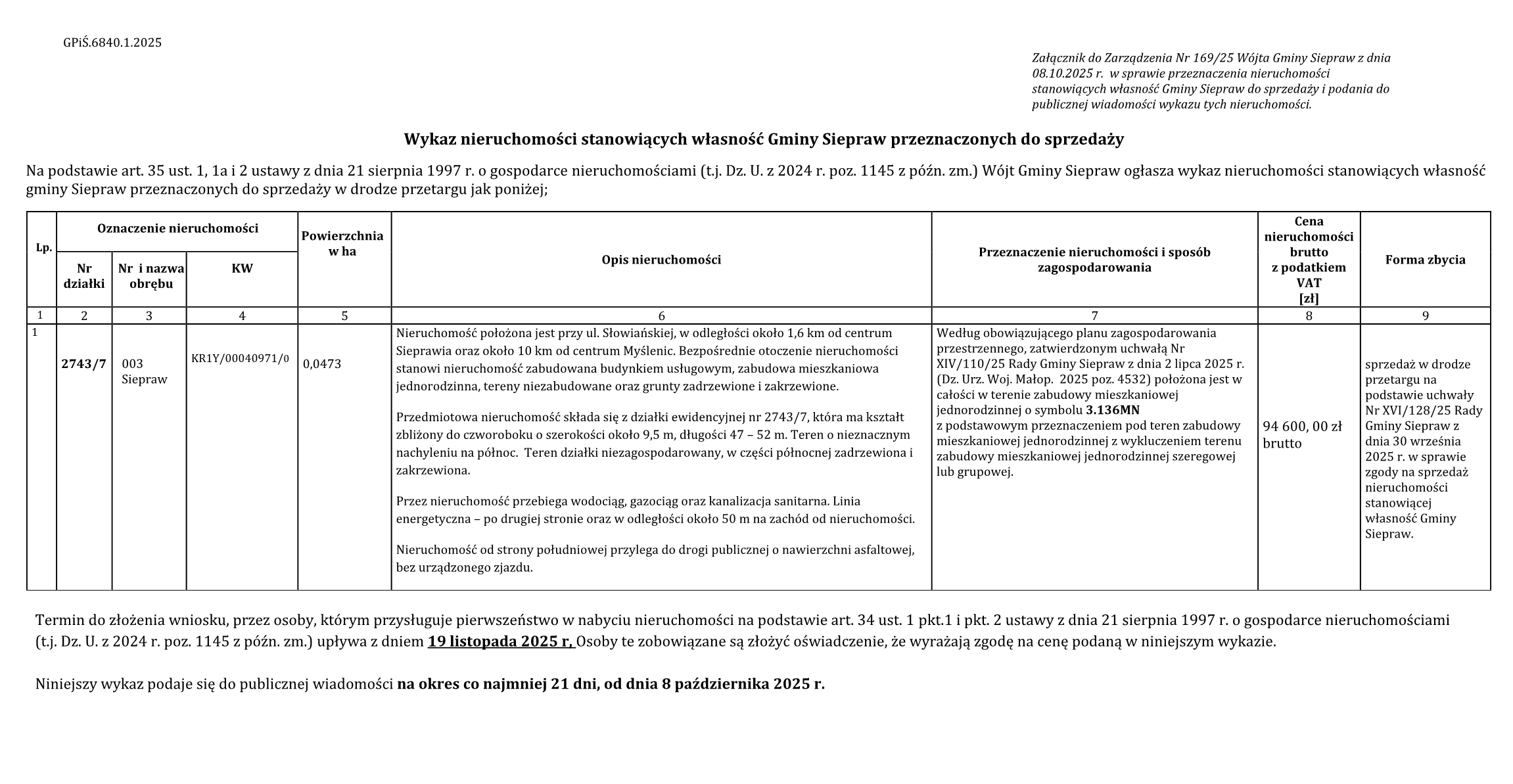 Wykaz nieruchomości do sprzedaży