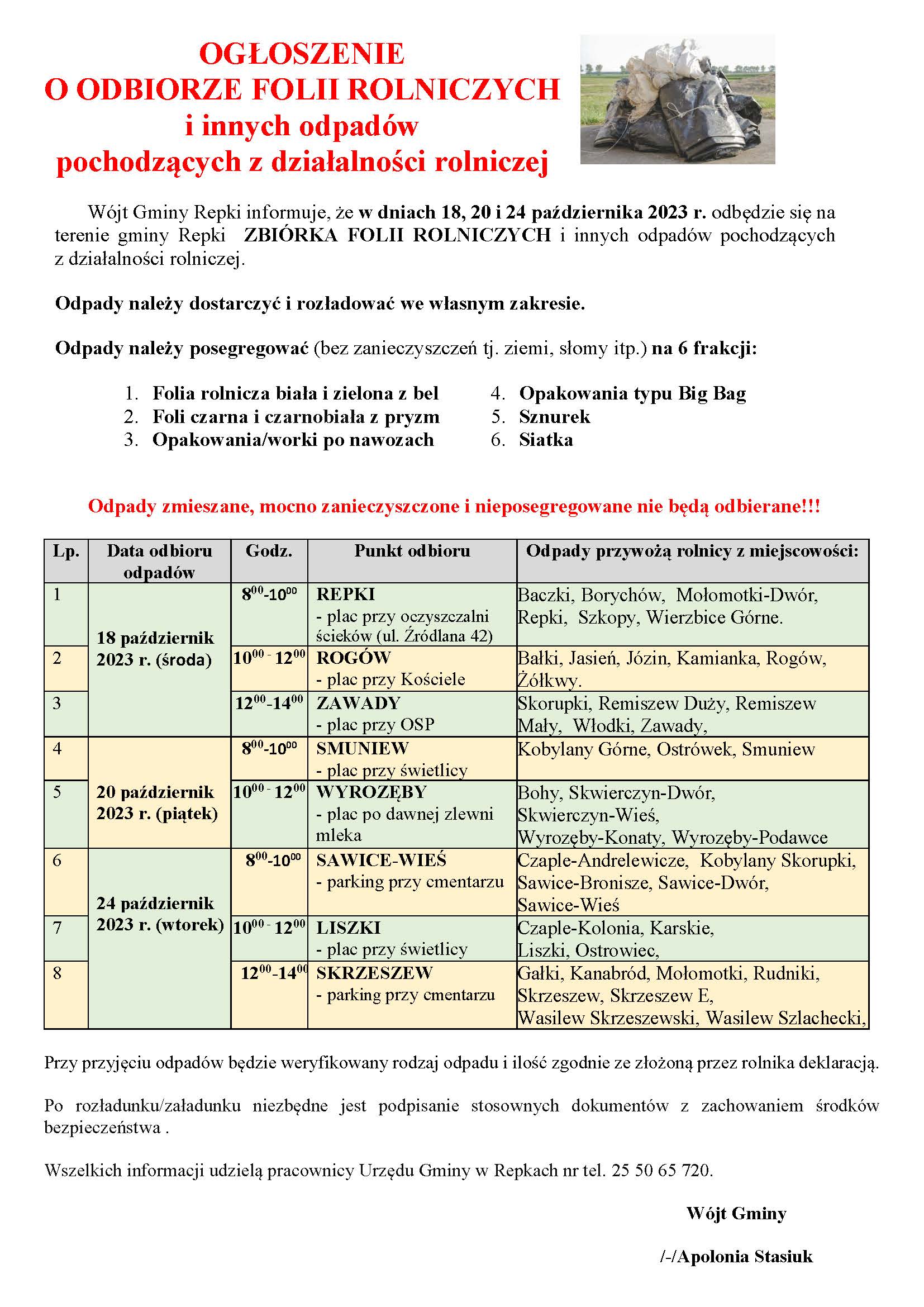 OGŁOSZENIE O ODBIORZE FOLII ROLNICZYCH i innych odpadów pochodzących z działalności rolniczej