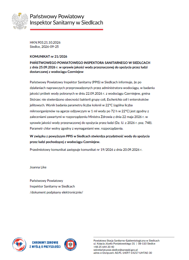 komunikat o przydatności wody