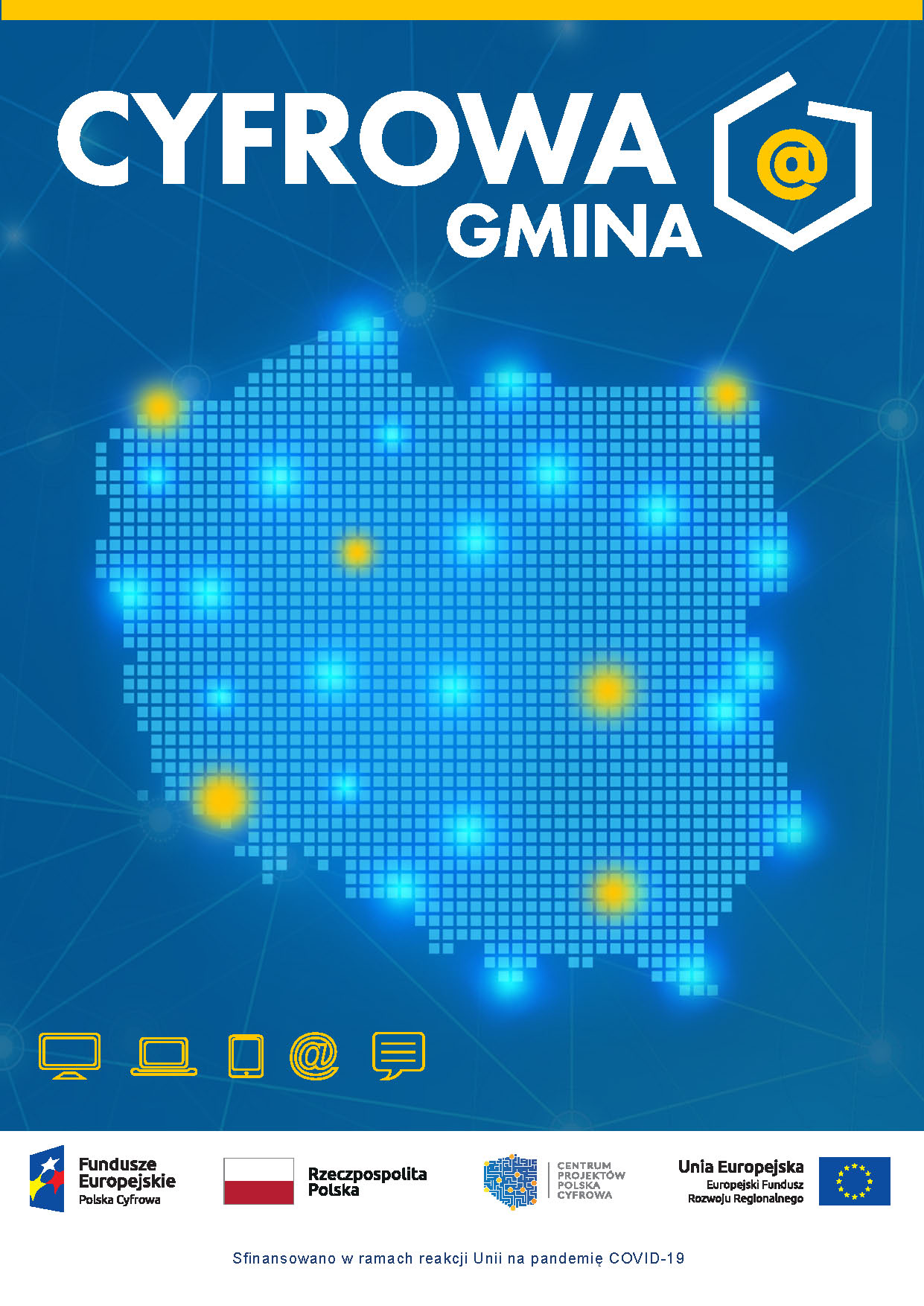 Plakat cyfrowa gmina żółty napis granatowe tło na środku kontur mapy Polski wypełniony niebieskimi kwadratami, i pomarańczowymi w miejscach występowania większych miast