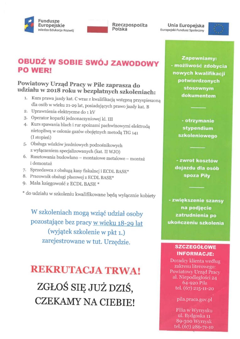 Plakat informujący o bezpłatnych szkoleniach organizowanych przez Powiatowy Urząd Pracy w Pile