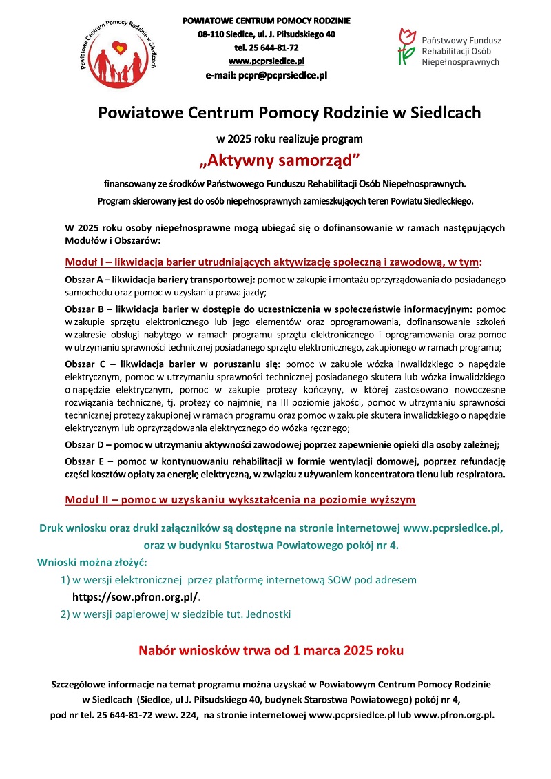 Informacja o formach wsparcia w ramach Programu „Aktywny samorząd”. Informacja w wersji dostępnej dla programów czytających tekst w załączniku do informacji