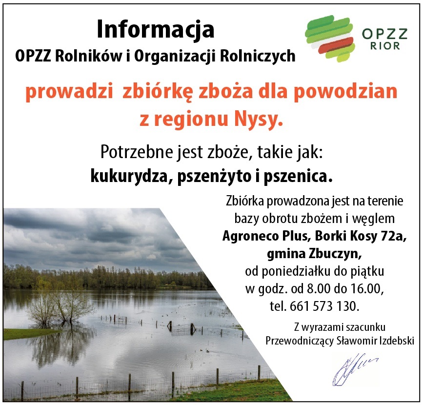 informacja o zbiórce zbóż dla rolników poszkodowanych w powodzi. Treść plakatu w informacji poniżej.