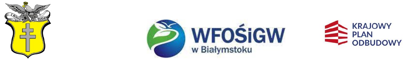 od lewej logo Gminy Korczew, WFOŚiGW w Białymstoku i Krajowego Planu Odbudowy