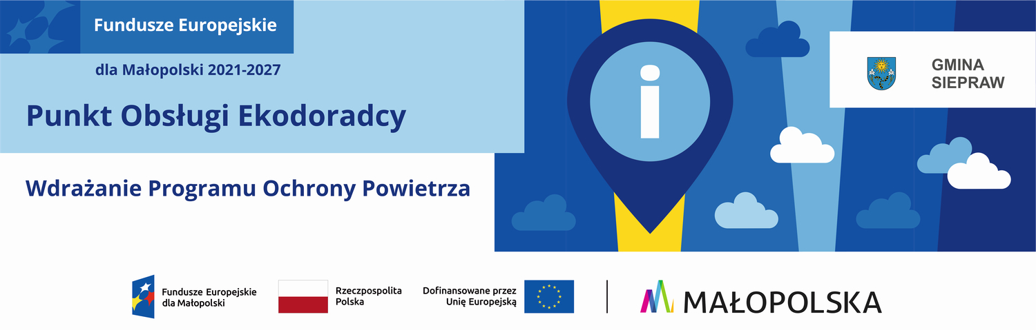 Grafika informuje o działającym w gminie punkcie ekodoradcy, który wspiera mieszkańców w działaniach proekologicznych, głównie w zakresie poprawy jakości powietrza zgodnie z założeniami Programu Ochrony Powietrza. Projekt realizowany jest przy wsparciu środków unijnych i krajowych.