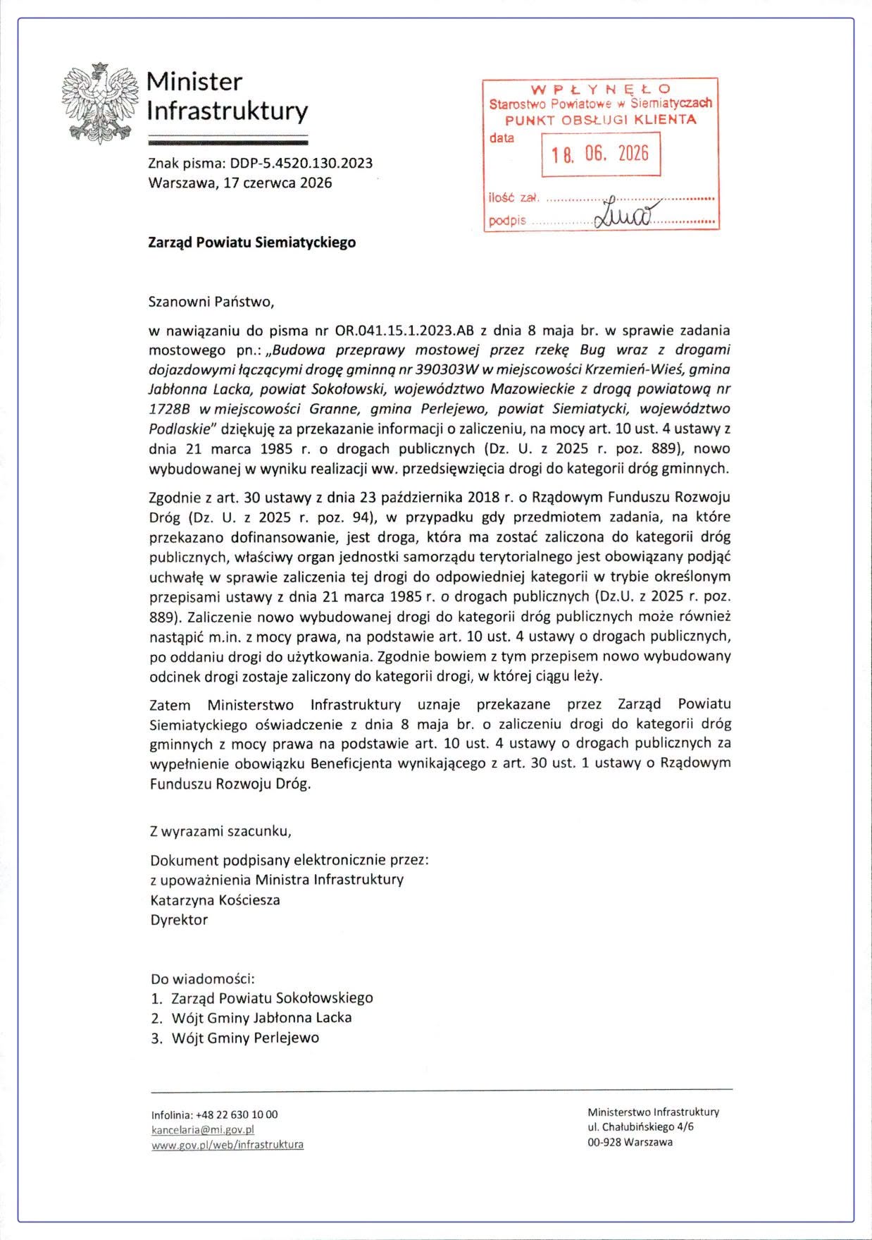 Pismo ministra infrastruktury w Polsce skierowane do powiatu siemiatyckiego, dotyczące spraw administracyjnych, opatrzone pieczęcią i datą.