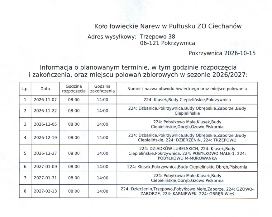 Informacja o terminie polowań w sezonie 2026/2027