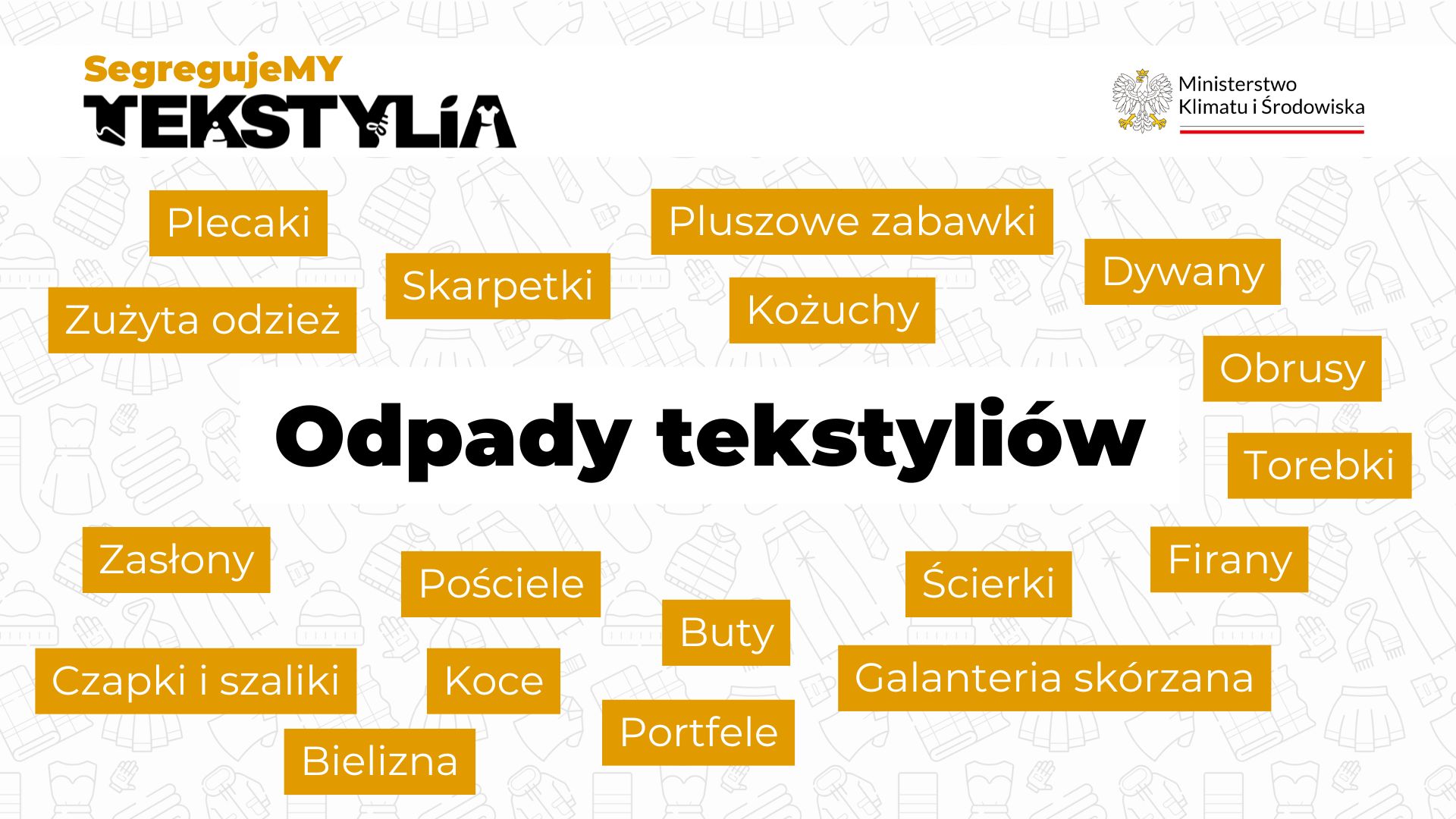 Odpady tekstyliów. Plecaki, zużyta odzież, skarpetki, pluszowe zabawki, kożuchy, dywany, obrusy, torebki, zasłony, czapki i szaliki, bielizna, pościele, koce, buty, portfele, ścierki, galanteria skórzana, firany