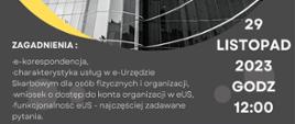 Plakat zawiera logo LGD Pałuki i Urzędu Skarbowego, datę i godzinę konferencji (29 listopada 2023 r. o godzinie 12:00) oraz numer telefonu do rejestracji (609996155). Plakat zaprasza przedsiębiorców do spotkania, na którym dowiedzą się, jak korzystać z e-Urzędu Skarbowego, jakie są jego korzyści i zalety