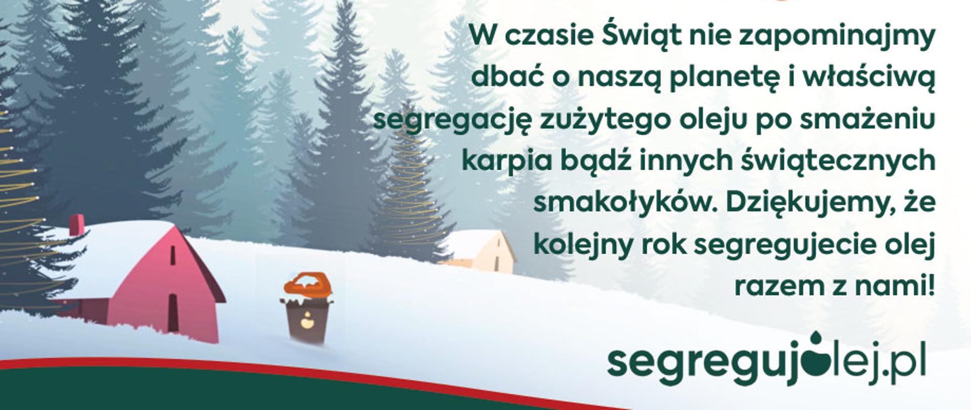 Życzenia świąteczne z rysunkiem pierniczków, zimowego wzgórza z drzewami, różowym domem i pojemnikiem na olej