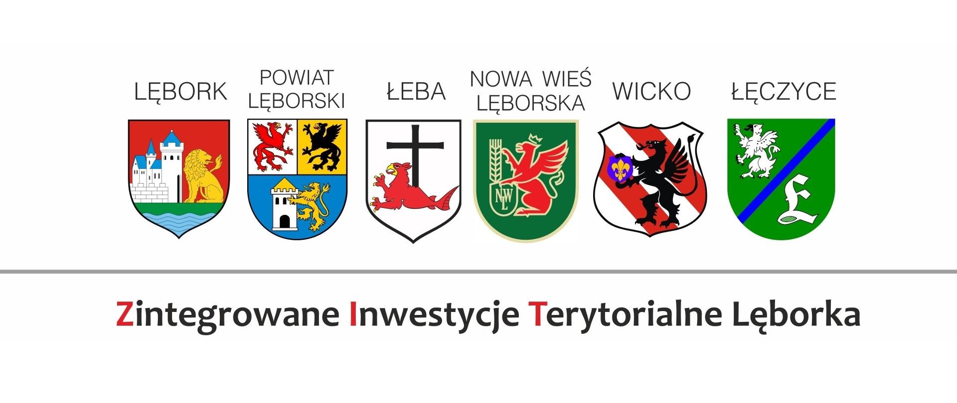 Obrazek z nazwami i herbami kolejno: Lębork, Powiat Lęborski, Łeba, Nowa Wieś Lęborska, Wicko, Łęczyce, pod nimi tekst "Zintegrowane Inwestycje Terytorialne Lęborka"