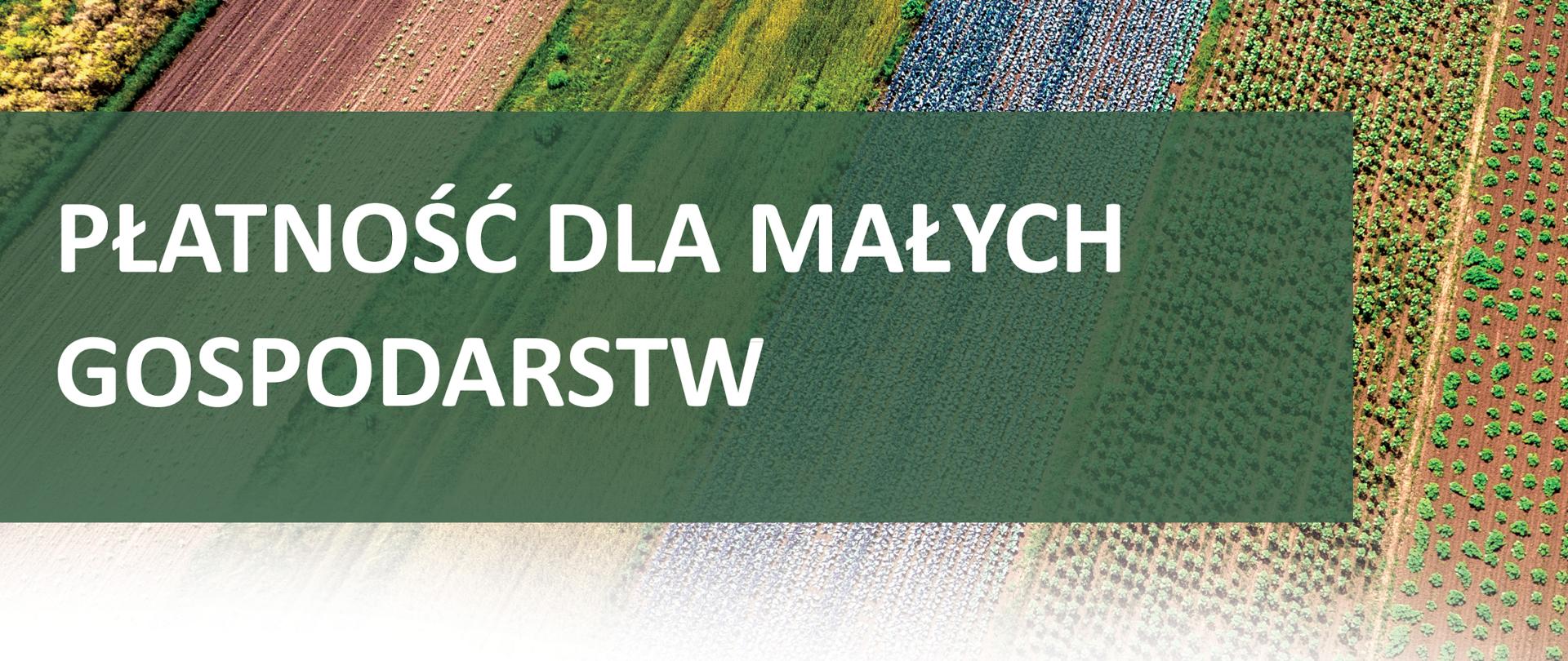 Grafika składa się z zielonego prostokąta, na którym znajduje się biały napis "płatność dla małych gospodarstw" oraz tła, które przedstawia pasy pól z lotu ptaka.