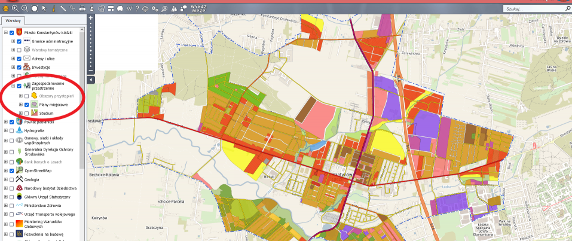 Na zdjęciu widać zrzut ekranu z nowego systemu informacji przestrzennej. Po lewo widać menu na którym jest zakreślone czerwonym kołem Zagospodarowanie przestrzenne, obszary przystąpień, plany miejscowe oraz studium