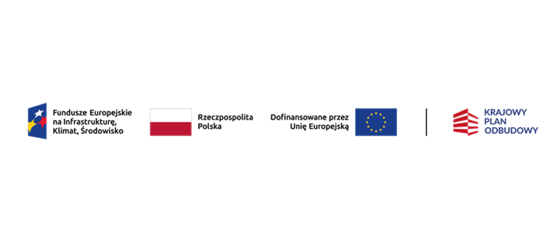 Znak graficzny Programu „Czyste Powietrze”. Loga (od lewej do prawej): Fundusze Europejskie na Infrastrukturę, Klimat, Środowisko, Rzeczpospolita Polska, Dofinansowane przez Unię Europejską, Krajowy Plan Odbudowy