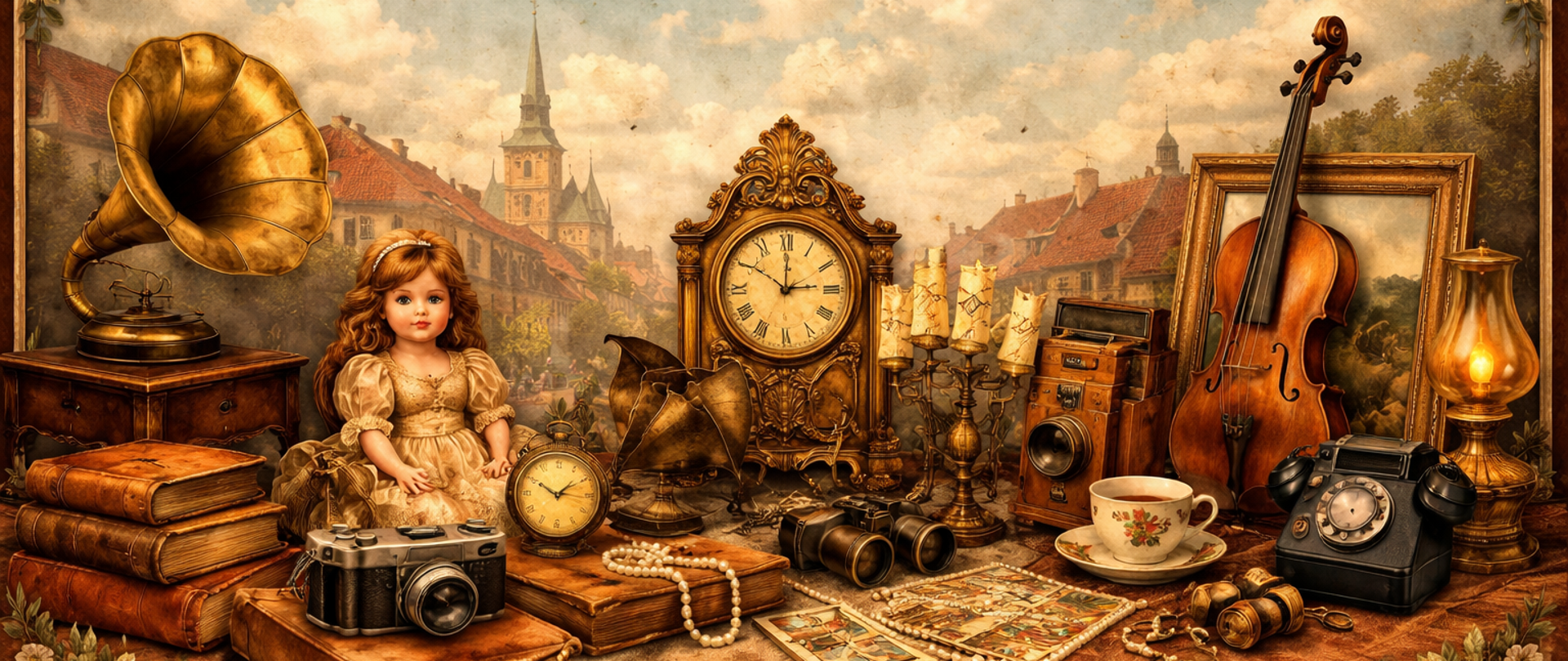 Pozioma grafika przedstawiająca stylizowaną scenę targu staroci w klimacie vintage. Na pierwszym planie znajduje się drewniany stół wypełniony różnorodnymi przedmiotami z przeszłości: gramofonem, aparatem fotograficznym, starymi książkami, porcelanową lalką, zegarem, świecznikami, filiżanką, telefonem oraz skrzypcami. W tle widoczna jest urokliwa zabudowa europejskiego miasteczka z wieżą kościoła i spokojnym niebem. Całość utrzymana w ciepłej, nostalgiczej kolorystyce z delikatnymi zdobieniami kwiatowymi w narożnikach, oddając klimat dawnych lat i unikalność prezentowanych przedmiotów.