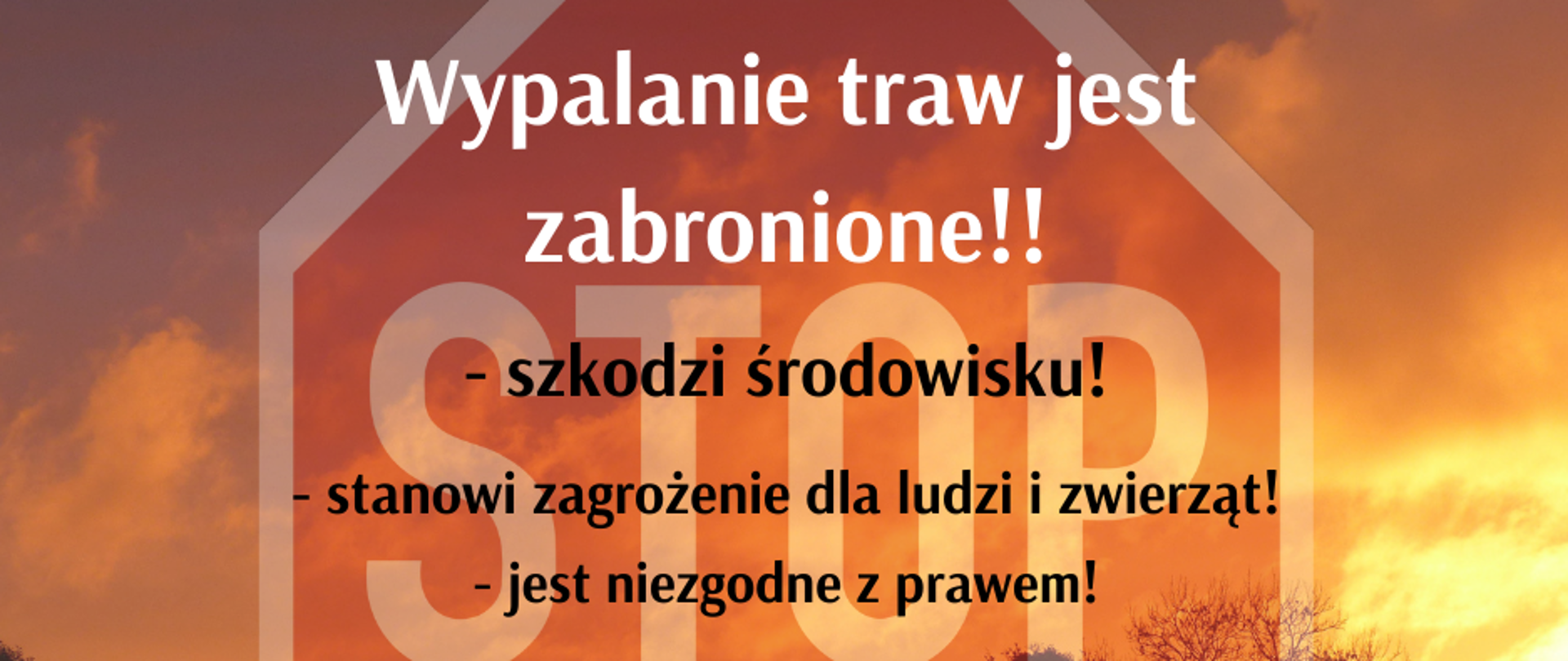 Znak "stop" na tle nieba rozświetlonego pożarem i informacja o szkodliwości wypalania traw