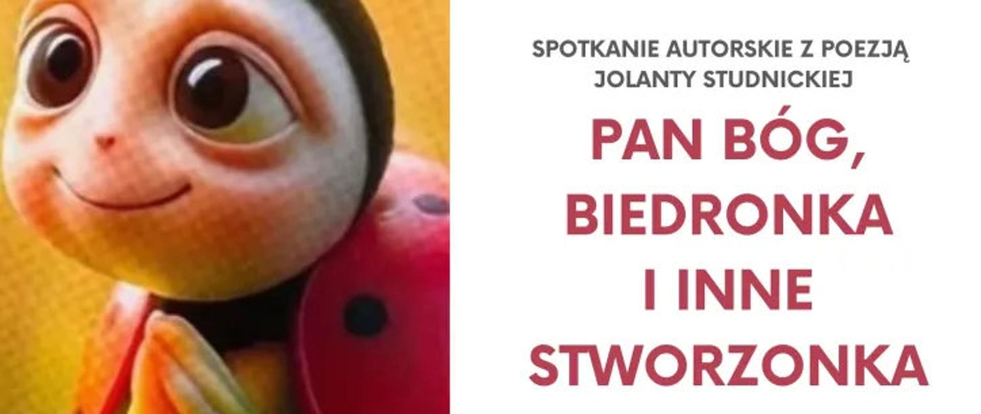 Plakat wydarzenia z datą, godziną i miejscem, lewa połowa w formie ilustracji z siedzącą na liściu biedronką, składającą dłonie jak do modlitwy