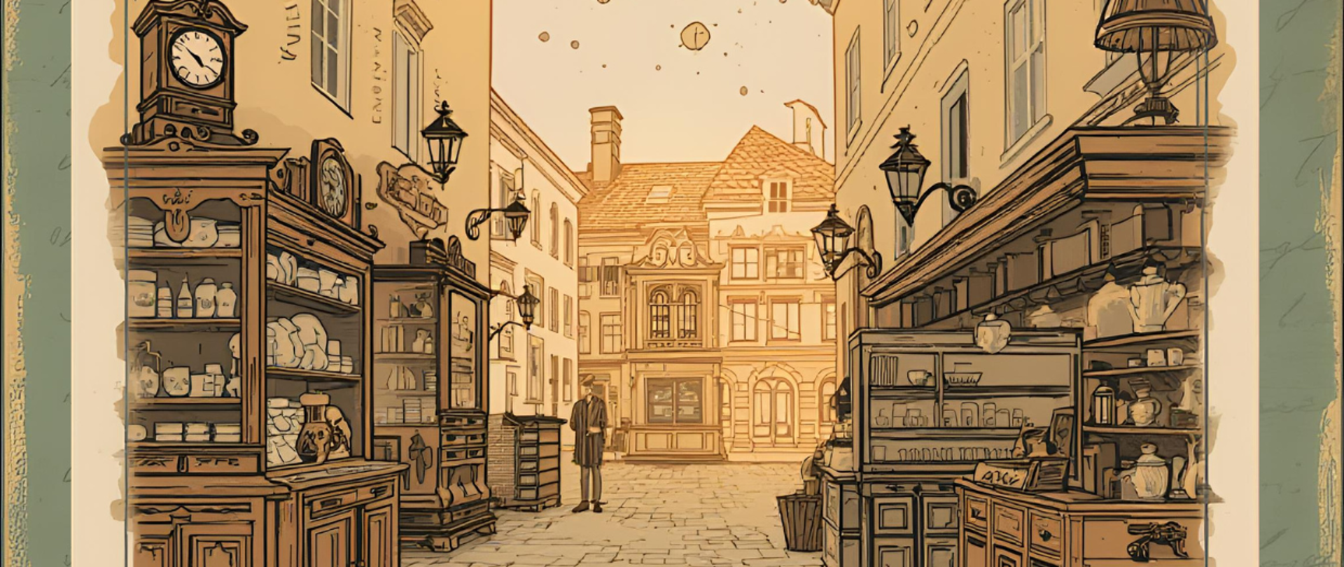 Plakat informacyjny utrzymany w stylu vintage, zapowiadający wydarzenie „Kalwaryjski Targ Staroci”. Na zielonym tle z delikatną fakturą pisma odręcznego znajduje się centralnie ułożony tekst informacyjny: zaproszenie Burmistrza Miasta Kalwarii Zebrzydowskiej, nazwa wydarzenia, data 25 kwietnia 2026 roku (sobota), godziny 7:00–14:00 oraz miejsce – plac targowy w Kalwarii Zebrzydowskiej. Podkreślono, że uczestnictwo jest bezpłatne.
W dolnej części plakatu umieszczona jest ilustracja przedstawiająca stylizowaną uliczkę z targiem staroci – po obu stronach widoczne są stoiska z antykami, meblami, zegarami i różnymi przedmiotami z dawnych lat. Na samym dole znajdują się dodatkowe informacje organizacyjne dotyczące przygotowania stoisk, kontaktu telefonicznego i mailowego oraz zaproszenia zarówno dla kupujących, jak i sprzedających.