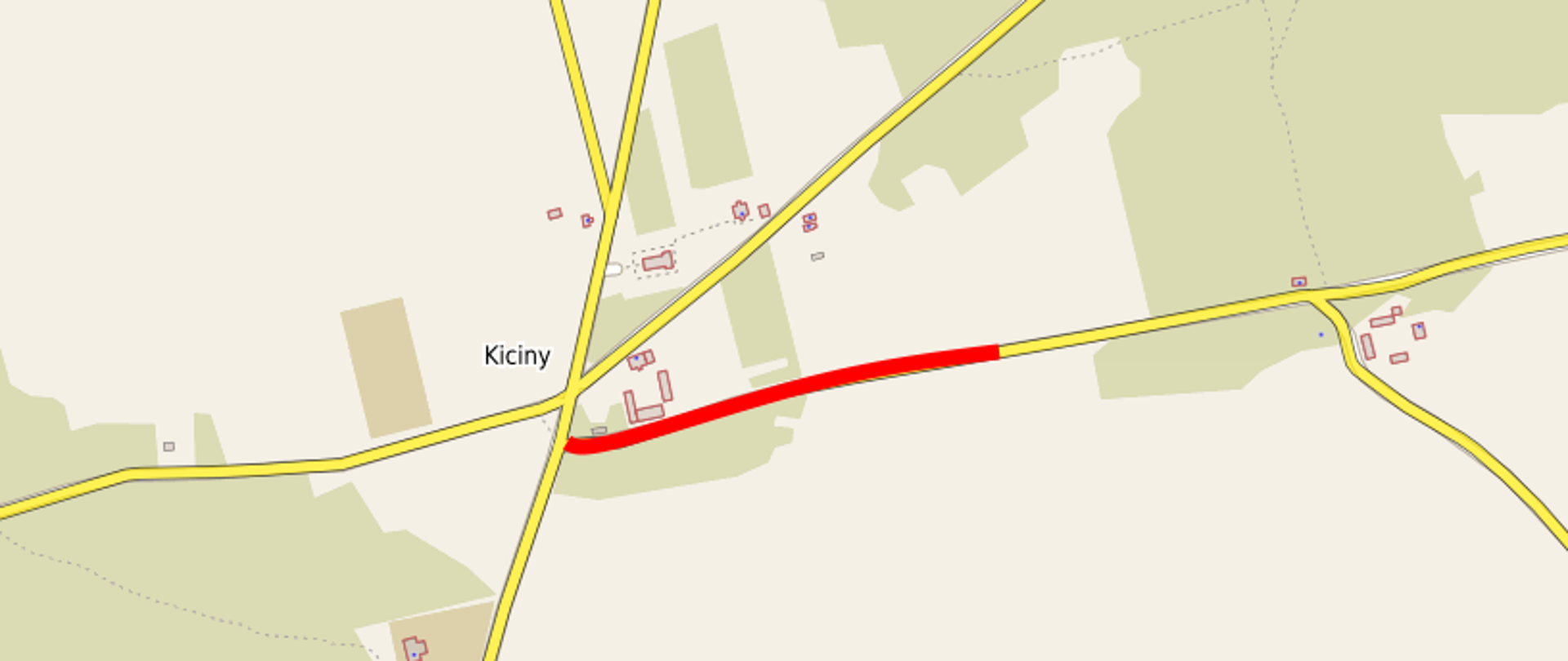 Mapa ukazująca drogi i w tym jedną na czerwono. Kiciny