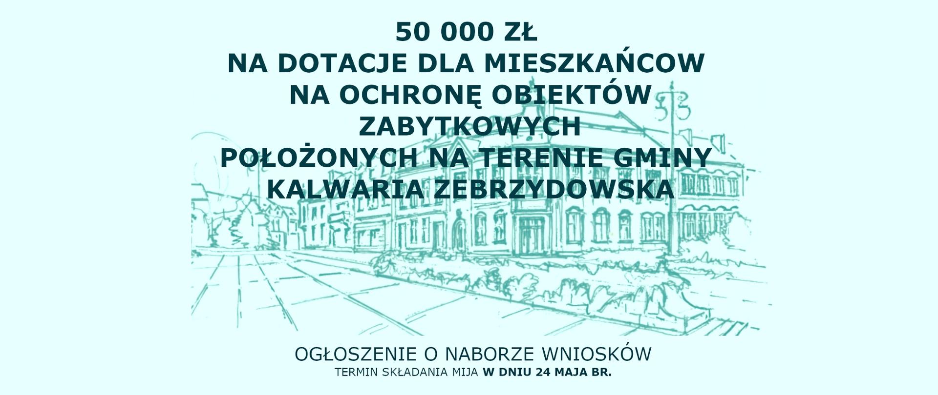 Baner - na jasnym miętowym tle kontur zabytkowego budynku z otoczeniem