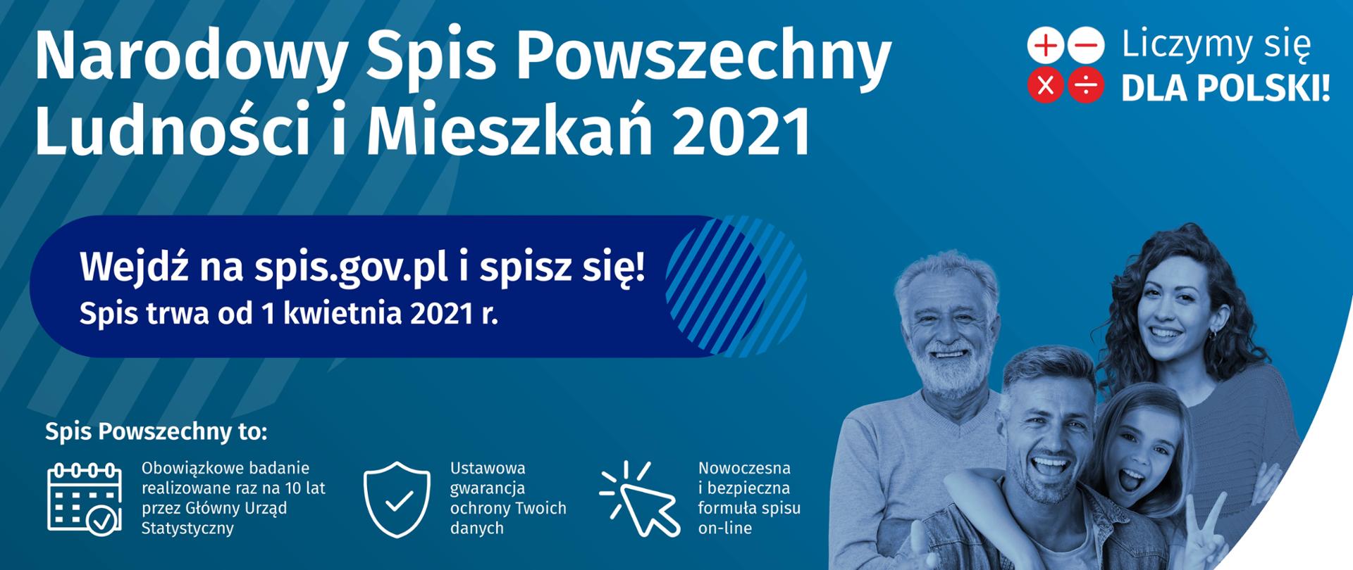 Baner w kolorze niebieskim. Po prawej stronie znajduje się grupa uśmiechniętych ludzi. Po lewej stronie znajduje się informacja, że od pierwszego kwietnia rusza powszechny spis ludności i mieszkań. Aby wziąć udział w spisie należy wejść na stronę www.spis.gov.pl