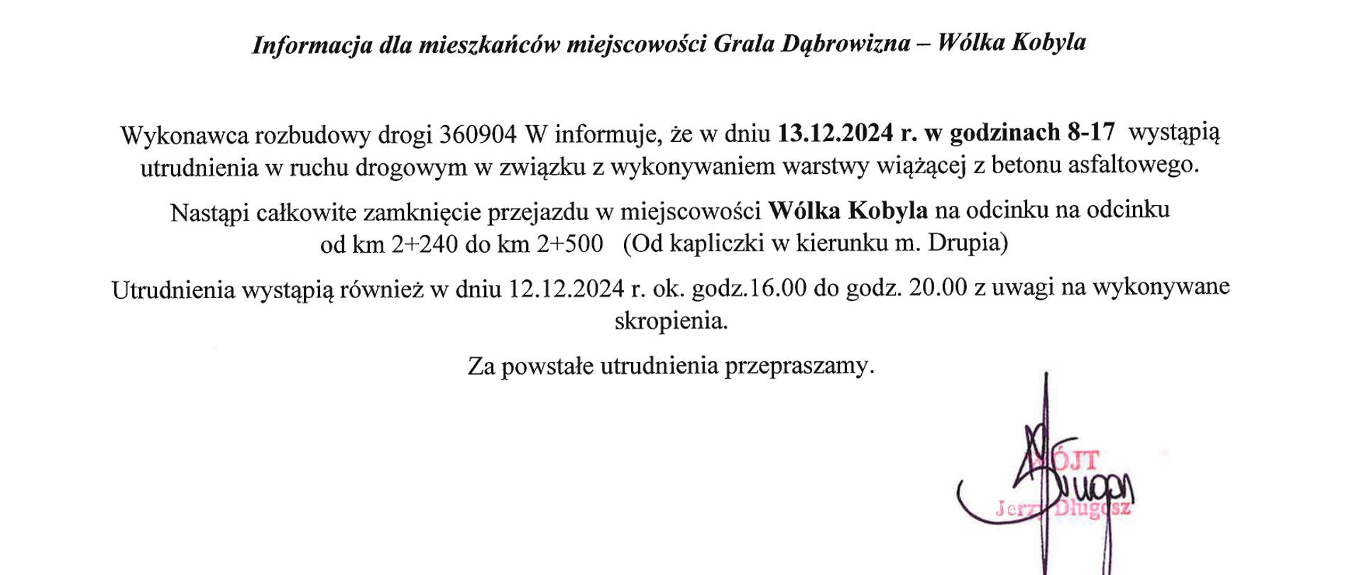 Informacja dla mieszkańców m. Grala-Wólka - 13.12.2024r.