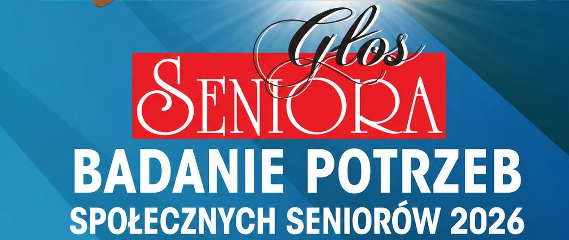 Grafika promocyjna przedstawiająca osoby starsze podczas wypełniania ankiety oraz elementy graficzne nawiązujące do badania. Zawiera informacje o badaniu potrzeb społecznych seniorów w 2026 roku i zachęca do wypełnienia ankiety.