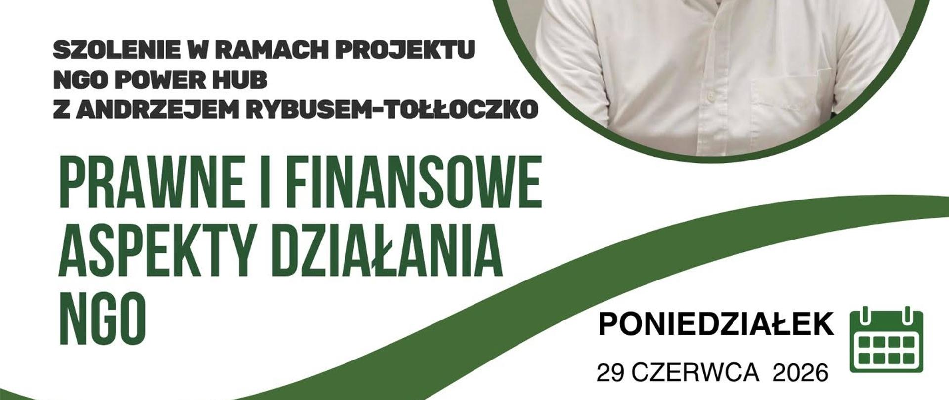 "Plakat zapraszający na szkolenie 'Prawne i finansowe aspekty działania NGO' organizowane w ramach projektu NGO Power Hub. Prowadzący: Andrzej Rybuś-Tołłoczko. Termin: poniedziałek, 29 czerwca 2026, start o 16:30. Miejsce: Gminne Centrum Kultury i Czytelnictwa w Zabrodziu, ul. Wł. St. Reymonta 2. Kontakt: 535 092 951. Zdjęcie prowadzącego oraz tło z osobami podczas spotkania biznesowego. Zadanie finansowane ze środków Samorządu Województwa Mazowieckiego w ramach Budżetu Obywatelskiego Mazowsza."
Kilka wskazówek:
Jeśli ten obraz jest czysto informacyjny (np. jedyne miejsce z tymi danymi na stronie), użyj wersji szczegółowej, żeby osoby korzystające z czytników ekranu miały dostęp do wszystkich informacji.
Jeśli te dane są też podane w tekście na stronie (np. w treści wpisu pod grafiką), wystarczy wersja zwięzła – nie trzeba duplikować wszystkiego.
Logotypy sponsorów/partnerów w stopce zwykle nie trzeba opisywać w alt, jeśli mają charakter czysto promocyjny i nie są kluczowe dla zrozumienia treści.