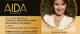 Plakat promujący spektakl aida w roli głównej Natalia Rubiś. Wyjazd organizowany przez GOK Raba Wyżna 2 lipca 2025. koszt biletu 200zł.