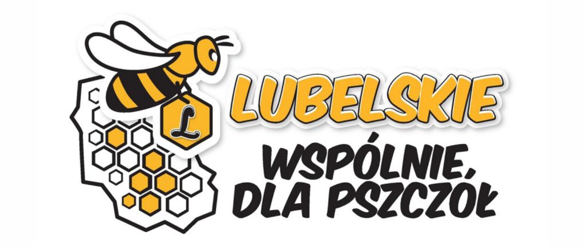 Logo składa się z dwóch elementów: grafiki i napisu. Grafika znajduje się w lewej części i przedstawia czarno pomarańczowy wizerunek pszczoły trzymającej czarną literę L w pomarańczowym plastrze miodu. Pod pszczołą znajduje się stylizowana na plaster miodu mapa Województwa Lubelskiego. Na prawo od grafiki znajduje się pomarańczowy napis "Lubelskie", a pod nim w kolorze czarnym napis "Wspólnie dla pszczół". Logo znajduje się na białym tle.