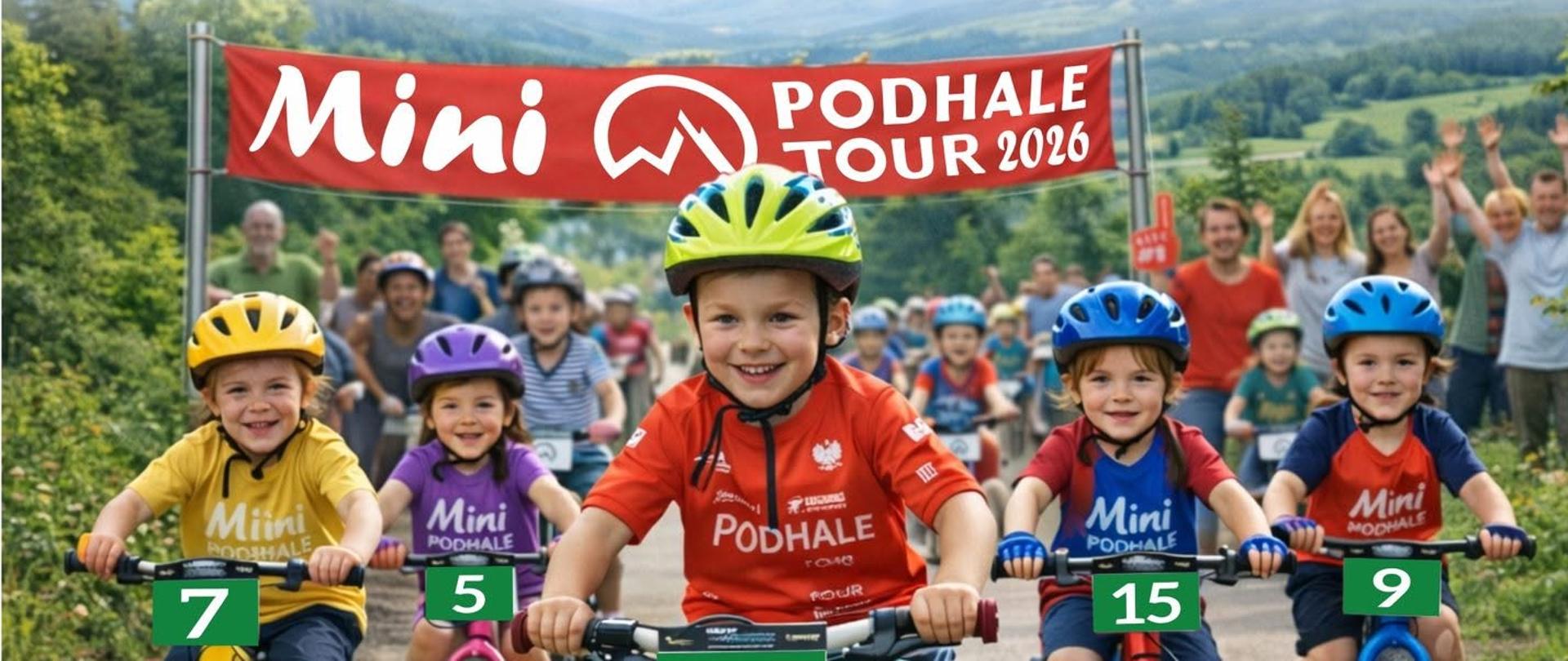 Plakat promujący Mini Podhale Tour 2026 – cykl zawodów rowerowych dla dzieci w Małopolsce. Na zdjęciu dzieci w kaskach jadą na rowerach podczas wyścigu. Plakat zawiera harmonogram sześciu zawodów: Łętownia (1 maja), Czarny Dunajec (7 czerwca), Nowy Targ (14 czerwca), Spytkowice (27 czerwca), Rabka-Zdrój (12 września) i Raba Wyżna (19 września 2026). Podano także program zawodów, organizatora – Towarzystwo Cyklistów „Orzeł” Spytkowice – oraz informacje o patronach i sponsorach.
