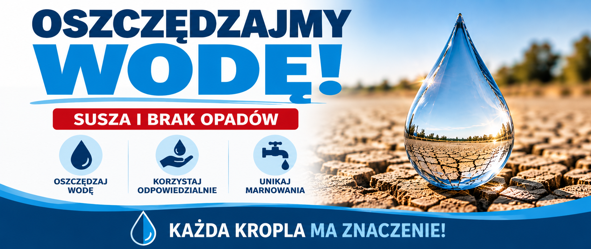 Grafika informacyjna zachęcająca do oszczędzania wody w związku z suszą i długotrwałym brakiem opadów. Na tle wyschniętej, popękanej ziemi widoczna jest duża kropla wody. Hasło główne: „Oszczędzajmy wodę!”. Poniżej znajdują się trzy zalecenia: „Oszczędzaj wodę”, „Korzystaj odpowiedzialnie” i „Unikaj marnowania”. Na dole grafiki umieszczono napis: „Każda kropla ma znaczenie!”.