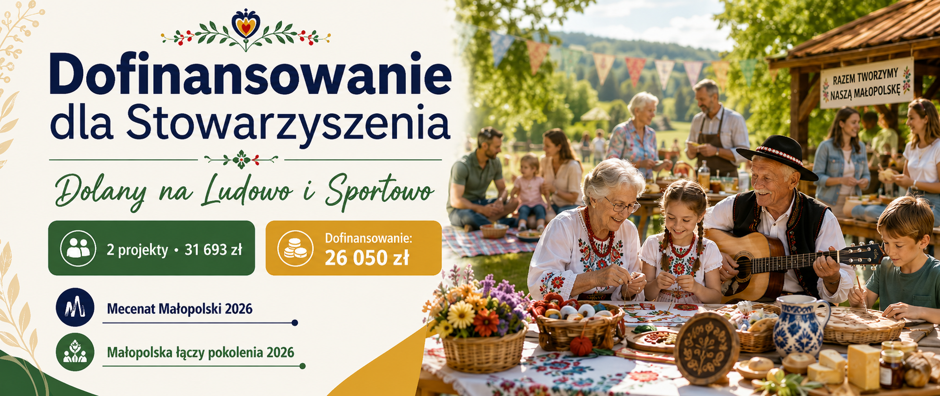 Grafika informująca o dofinansowaniu dla Stowarzyszenia „Dolany na Sportowo i Ludowo”. Stowarzyszenie zrealizuje dwa projekty o łącznej wartości 31 693 zł, z czego 26 050 zł stanowi dofinansowanie. Środki przyznano w ramach programów „Mecenat Małopolski 2026” oraz „Małopolska łączy pokolenia 2026”. Po prawej stronie przedstawiono międzypokoleniowy piknik w plenerze – seniorów, dorosłych i dzieci uczestniczących w warsztatach rękodzielniczych, wspólnym muzykowaniu i prezentacji lokalnych produktów.