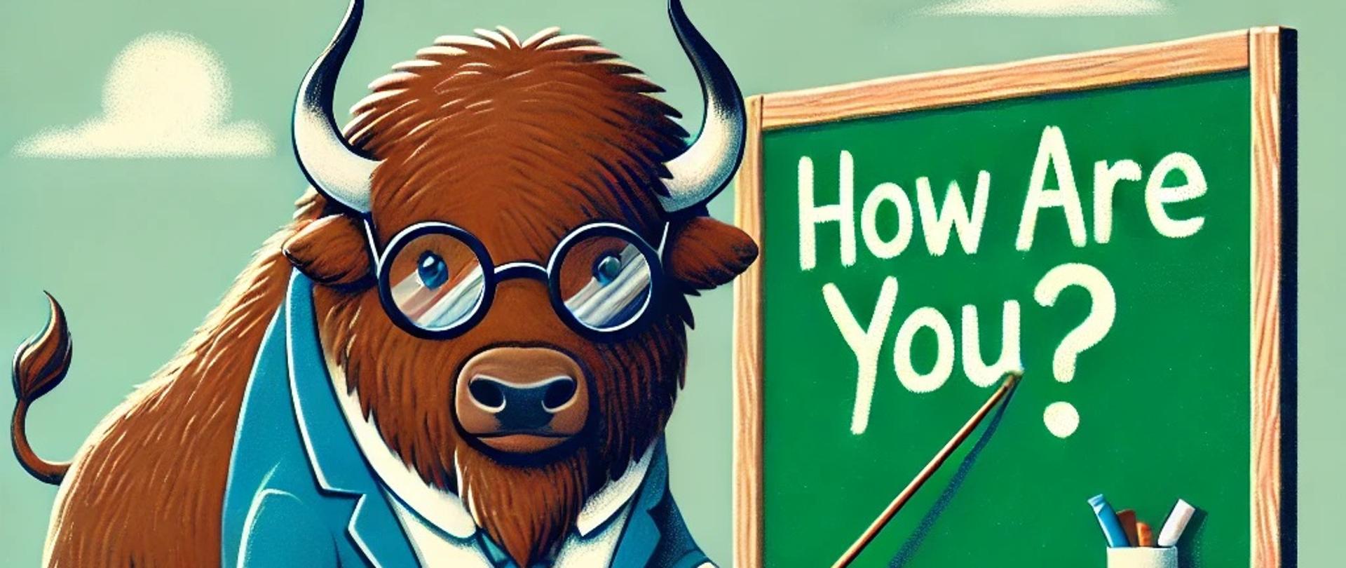 Przy tablicy szkolnej z napisem "How Are You?" stoi żubr ubrany w marynarkę i okulary