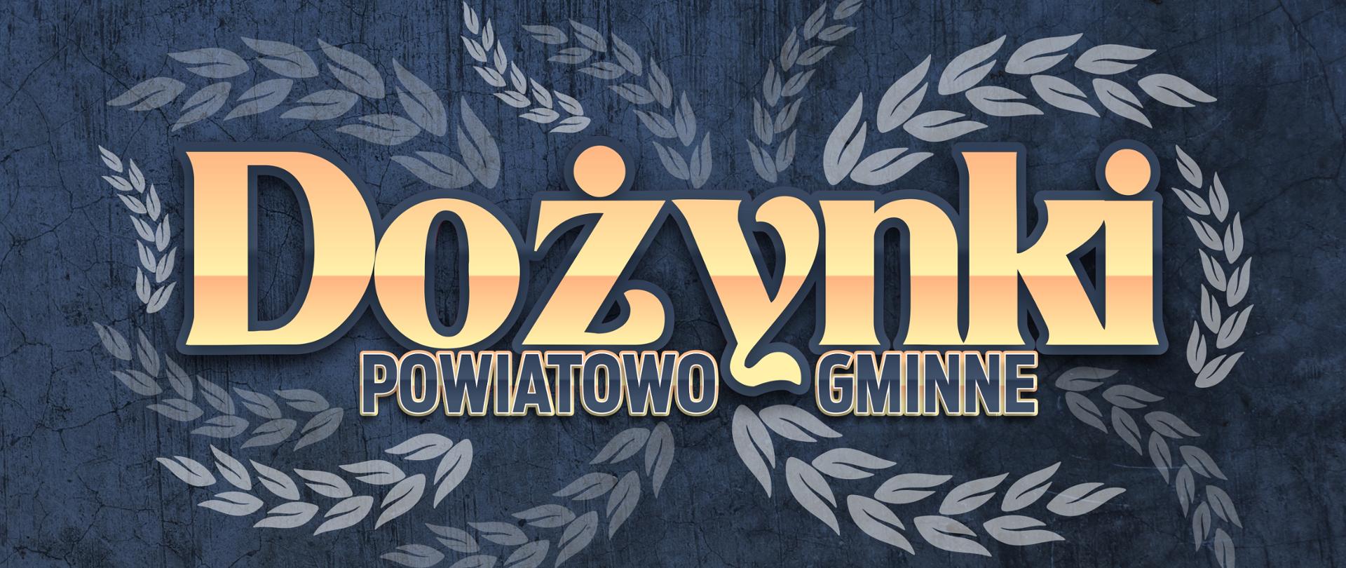 Grafika przedstawia stylizowany napis "Dożynki Powiatowo Gminne", który otoczony jest wizerunkami kłosów zbóż. Słowo Dożynki w odcieniach złota, poniżej ciemno niebieskie słowa Powiatowo i Gminne. Tło stanowi kamienna tekstura w odcieniach granatu.