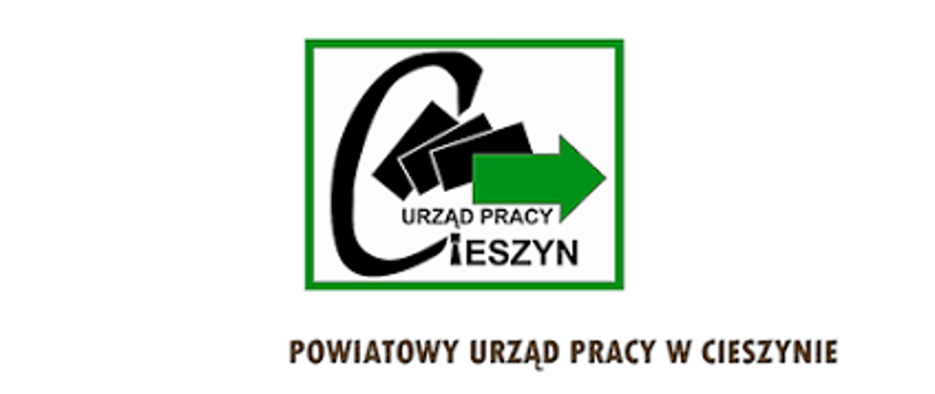 Logo Powiatowego Urzędu Pracy w Cieszynie. Na białym tle w zielonym kwadracie napis czarnymi dużymi literami Urząd Pracy Cieszyn, obok zielona strzałka. Poniżej napis czarnymi dużymi literami Powiatowy Urząd Pracy w Cieszynie