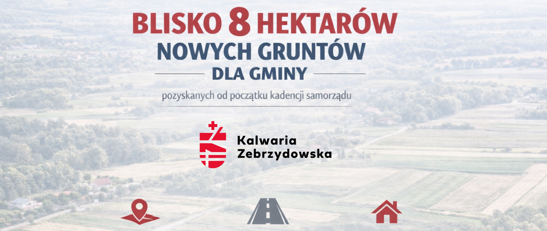 Grafika informacyjna na tle krajobrazu pól i zabudowy wiejskiej. Na górze widnieje napis: „Blisko 8 hektarów nowych gruntów dla Gminy – pozyskanych od początku kadencji samorządu”. W centralnej części znajduje się logo Kalwarii Zebrzydowskiej. Na dole grafiki umieszczono trzy ikony z opisami korzyści: uregulowanie stanów prawnych gruntów, inwestycje drogowe oraz rozwój infrastruktury i nowych terenów pod zabudowę.