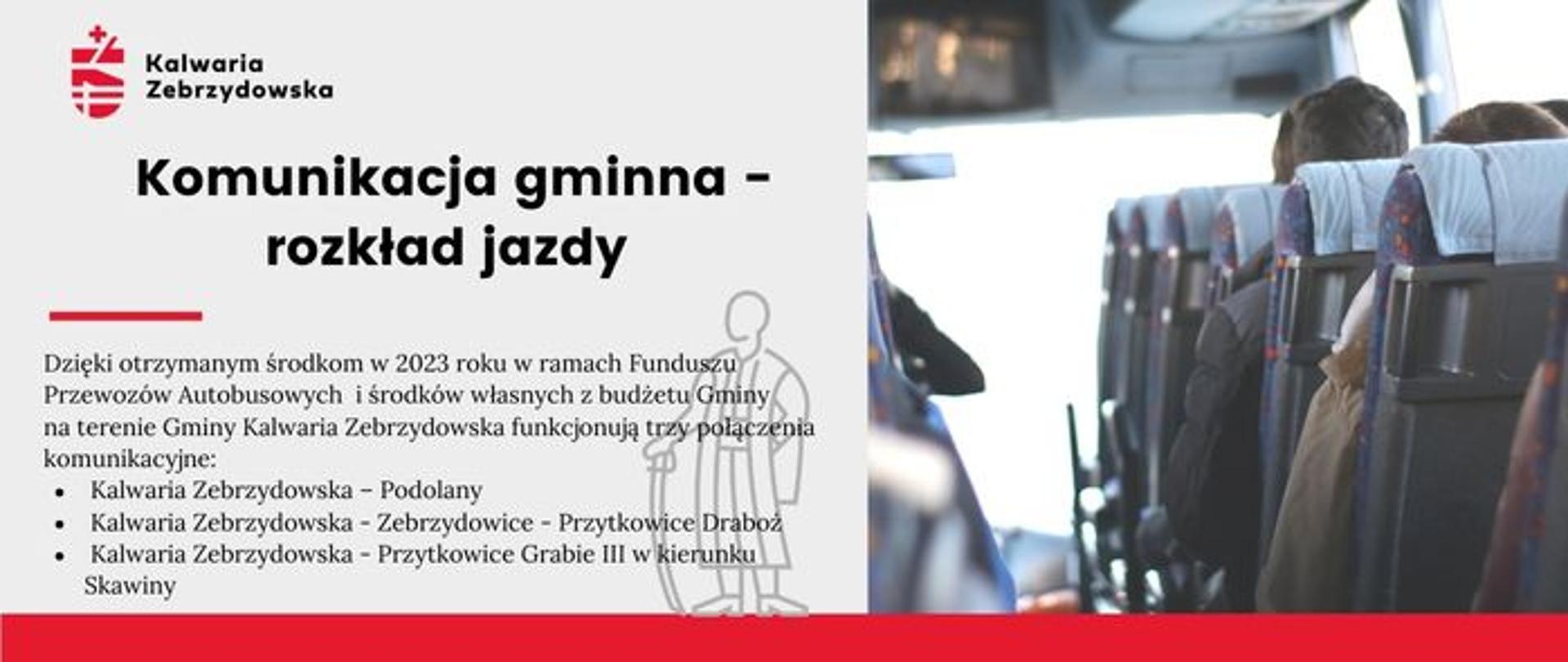 Ilustracja po lewej tekst - Komunikacja gminna - rozkład jazdy, po prawej wnętrze busa. 