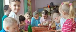 Dzieci w trakcie za zakładania ogrodu - sadzą nasiona i cebulki w donicach
