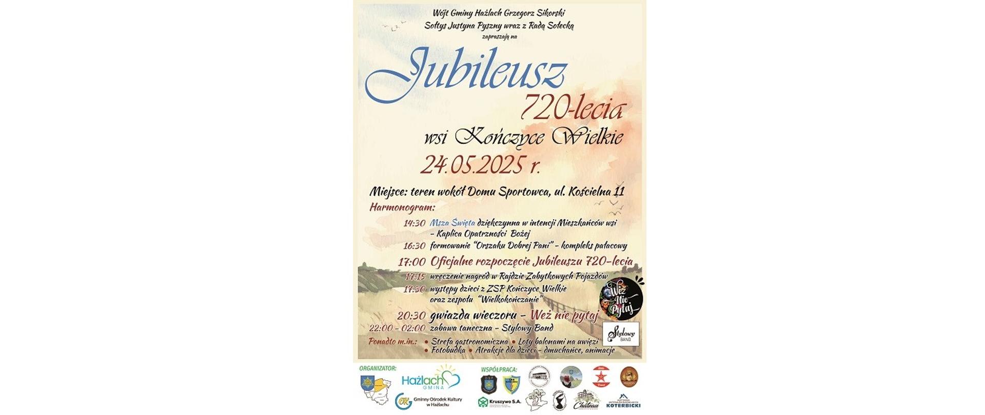 Plakat imprezy. Jubileusz 720-lecia wsi Kończyce Wielkie 24.05.2025 r. 