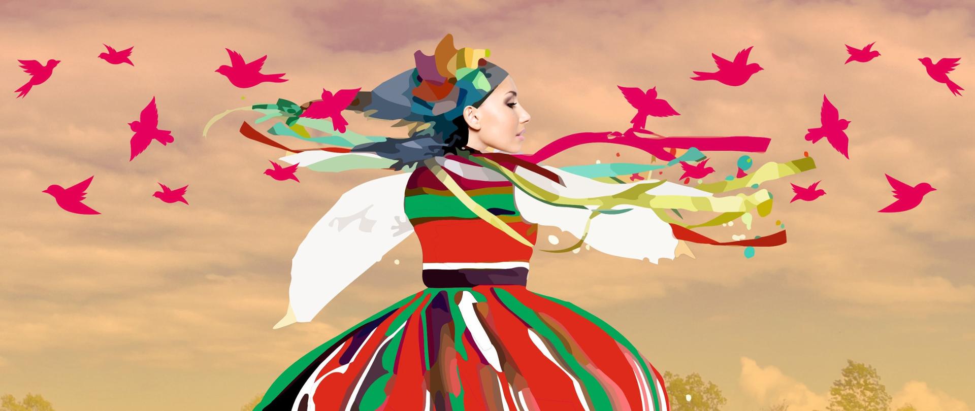 Stylizowana grafika przedstawiająca kobietę w kolorowym, tradycyjnym stroju ludowym, z rozwiewającymi się wstążkami na tle ciepłego, pomarańczowego nieba z chmurami i sylwetkami różowych ptaków.