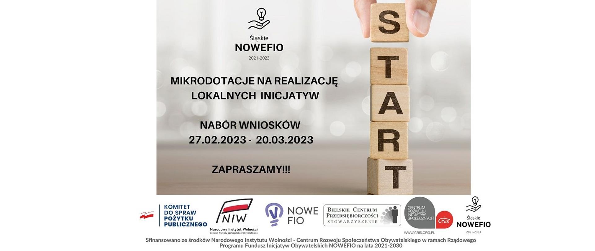 Projekt grantowy Śląskie NOWEFIO 2021-2023. Mikrodotacje na realizację lokalnych inicjatyw. Nabór wniosków 27.02.2023-20.03.2023. Sfinansowano ze środków Narodowego Instytutu Wolności-Centrum Rozwoju 