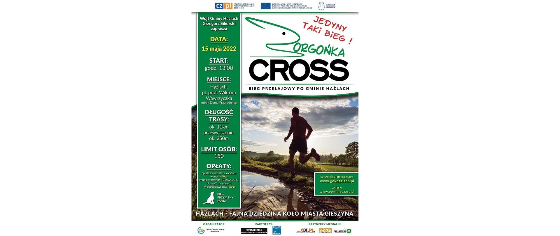 Plakat z informacją o biegu Borgońka Cross. Sylwetka biegnącego młodego mężczyzny. Szczegóły i regulamin: www.gokhazlach.pl. Zapisy: www.pomiaryczasu.pl