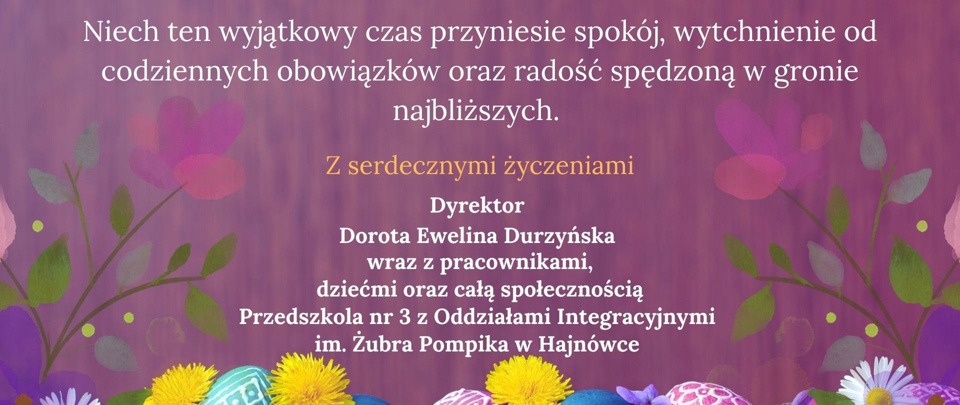 Na fioletowym tle z grafiką jajek umieszczono życzenia świąteczne, zawarte w artykule.