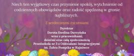 Na fioletowym tle z grafiką jajek umieszczono życzenia świąteczne, zawarte w artykule.