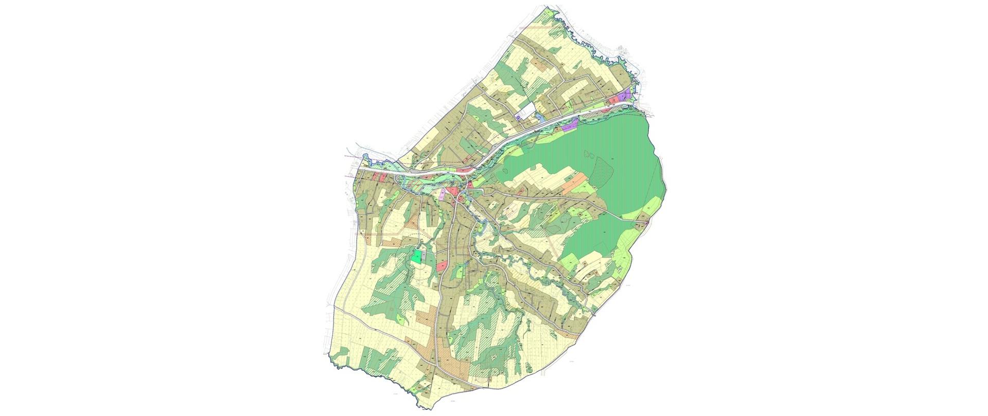 Poglądowa miniatura mapy miejscowości z podziałem na poszczególne obszary zagospodarowania przestrzennego