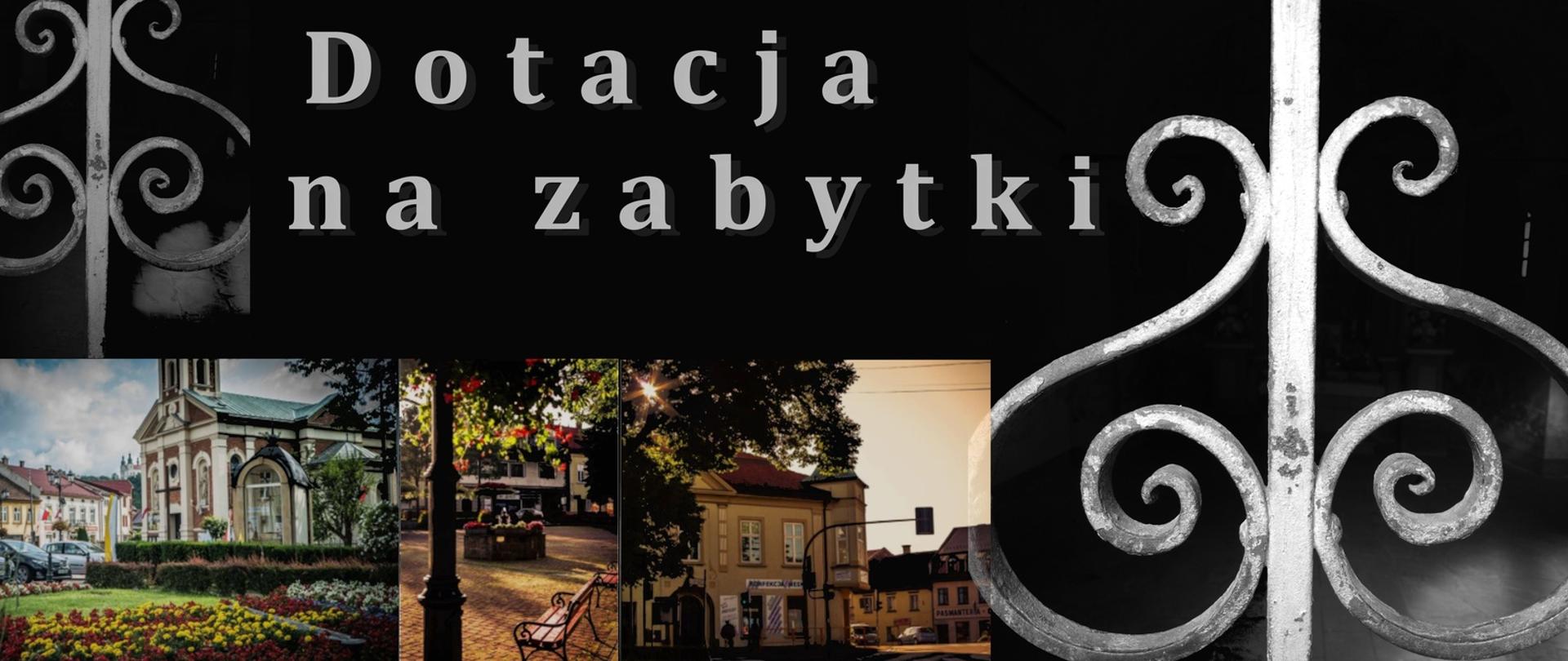 Na czarnym tle kraty ze zdobieniami i 3 fotografie: kościół na kalwaryjskim rynku, plac w centrum z ławką i latarią, fragment kamienicy w rynku