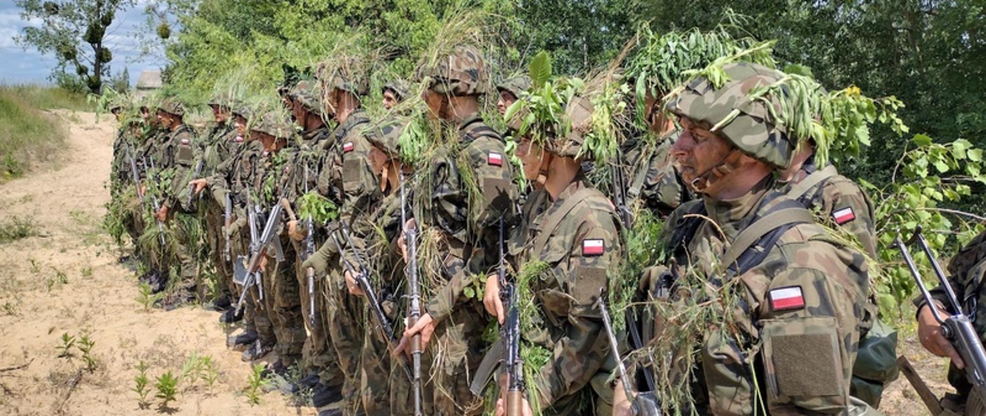 Żołnierze w maskującym trybie w umundurowaniu.