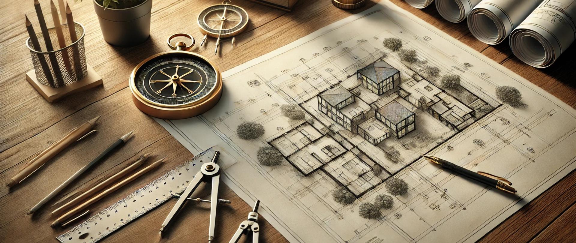 Plan techniczny na drewnianym stole, otoczony narzędziami inżynierskimi, w tym linijką, ołówkiem i cyrklem, w profesjonalnym, jasnym warsztacie projektowym.