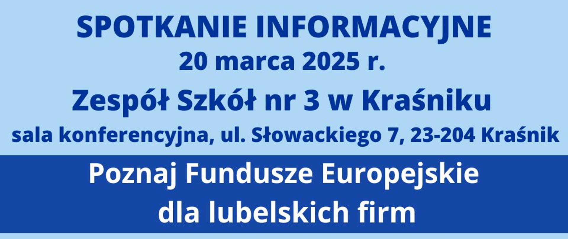 Grafika promująca spotkanie informacyjne na temat Funduszy Europejskich dla firm z województwa lubelskiego. W tle zdjęcie trzech osób łączących pięści w geście współpracy, na biurku rozłożone są dokumenty, laptop i filiżanka kawy. Na dole umieszczono logotypy Funduszy Europejskich, Rzeczypospolitej Polskiej, Unii Europejskiej oraz województwa lubelskiego z hasłem „Lubelskie. Smakuj życie!”.